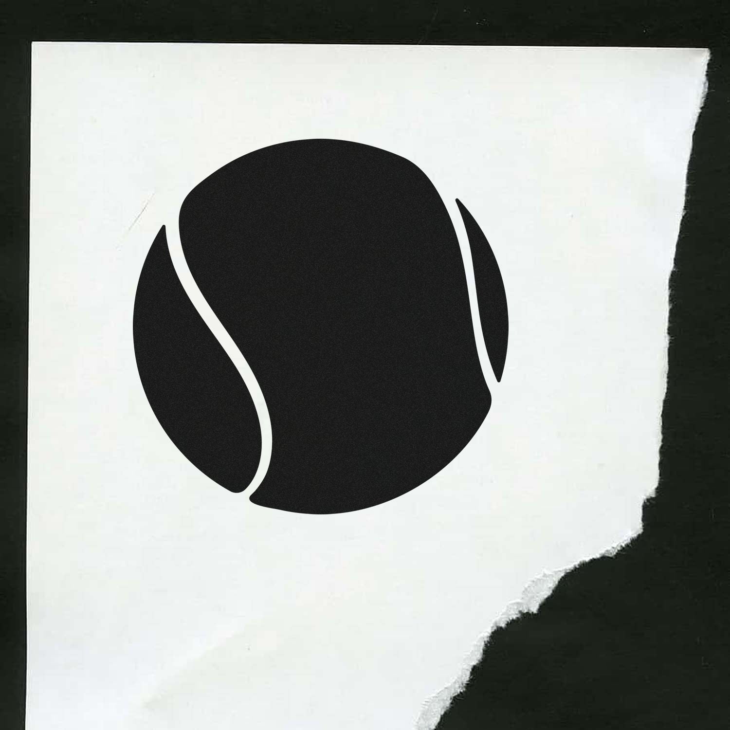 Black circular tennis ball-style stamp seal on white paper with torn edge against dark background.