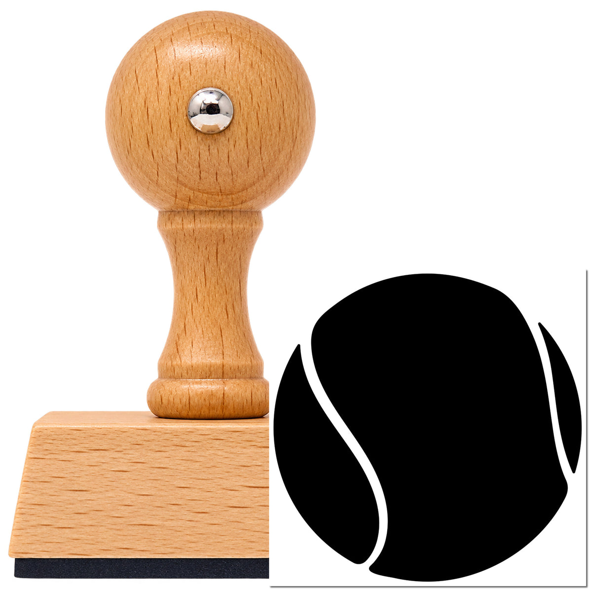 Vintage Pro beech wood stamp with a round knob handle, shown with its black Tennis Ball With Curved Cutout Seams imprint on white.