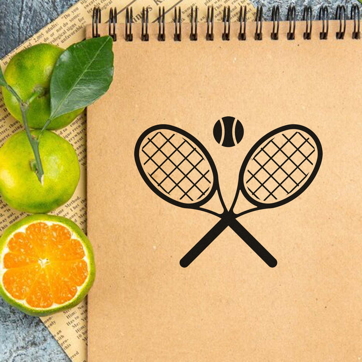 Black tennis racket stamp and seal on kraft notebook, with green leaves and sliced lime and orange accents.
