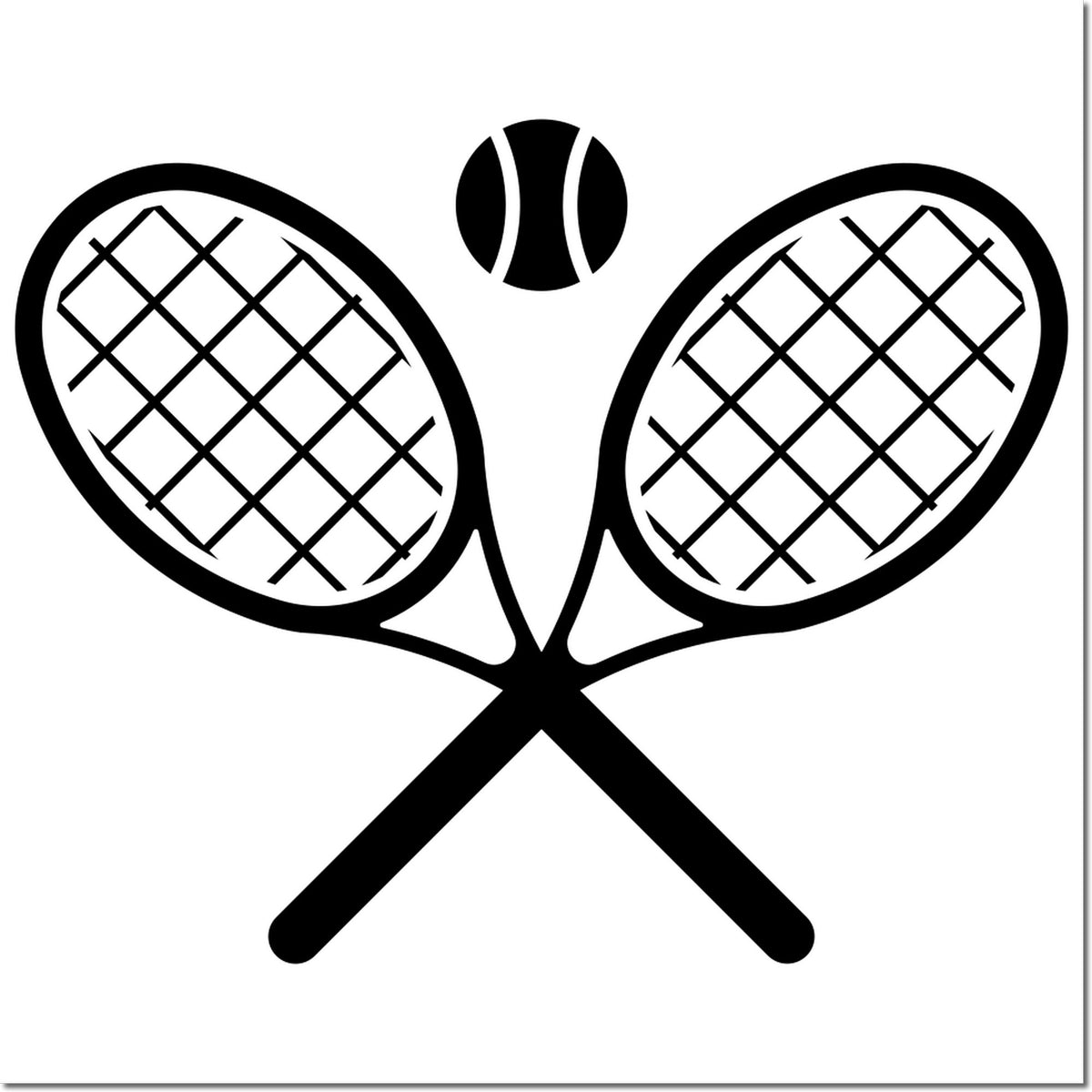 Black tennis racket and ball stamp and seal design on white background, with crossed rackets and a tennis ball.