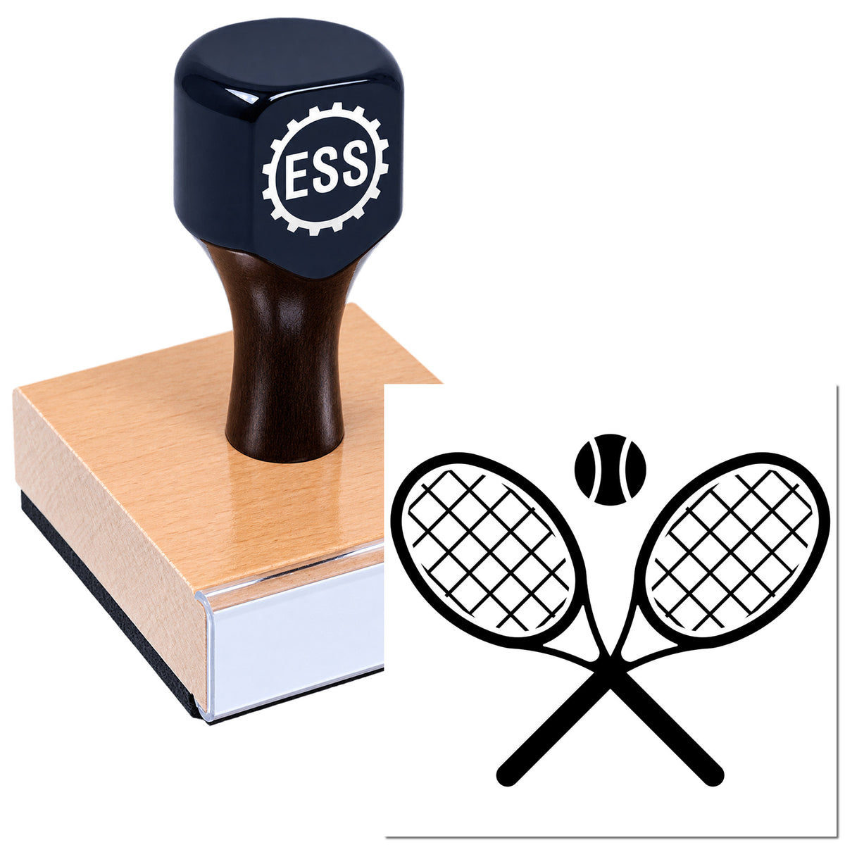 Blue ESS rubber stamp and seal on copper base with black tennis racket emblem