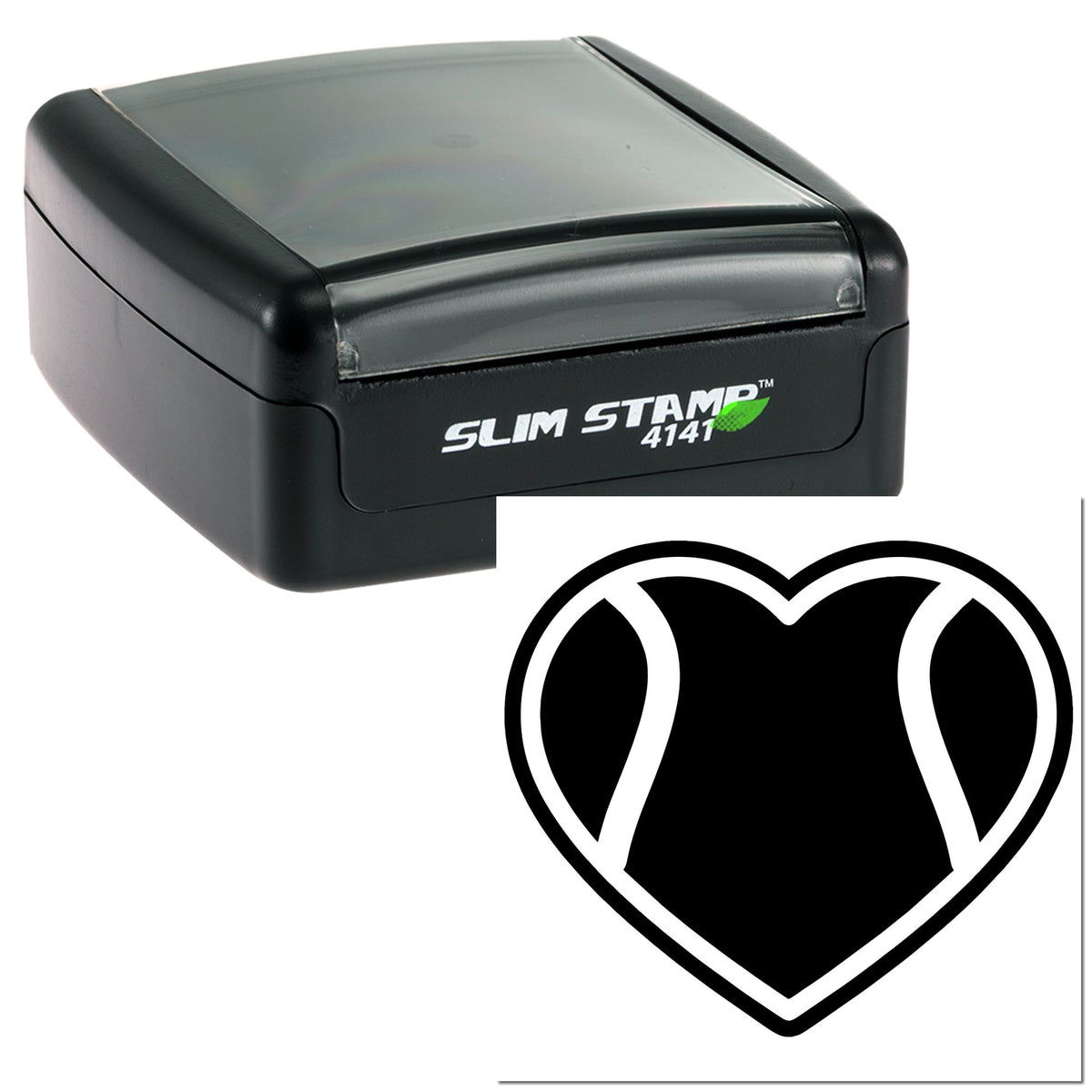 Black Slim Stamp 4141 self-inking stamp with translucent gray cap and black heart-shaped seal design
