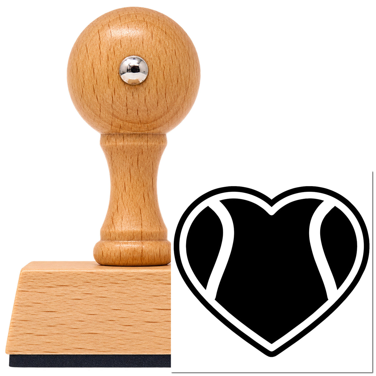 Vintage Pro beech wood stamp with a round knob handle, shown with its black Tennis Ball Heart Line Art imprint on white.