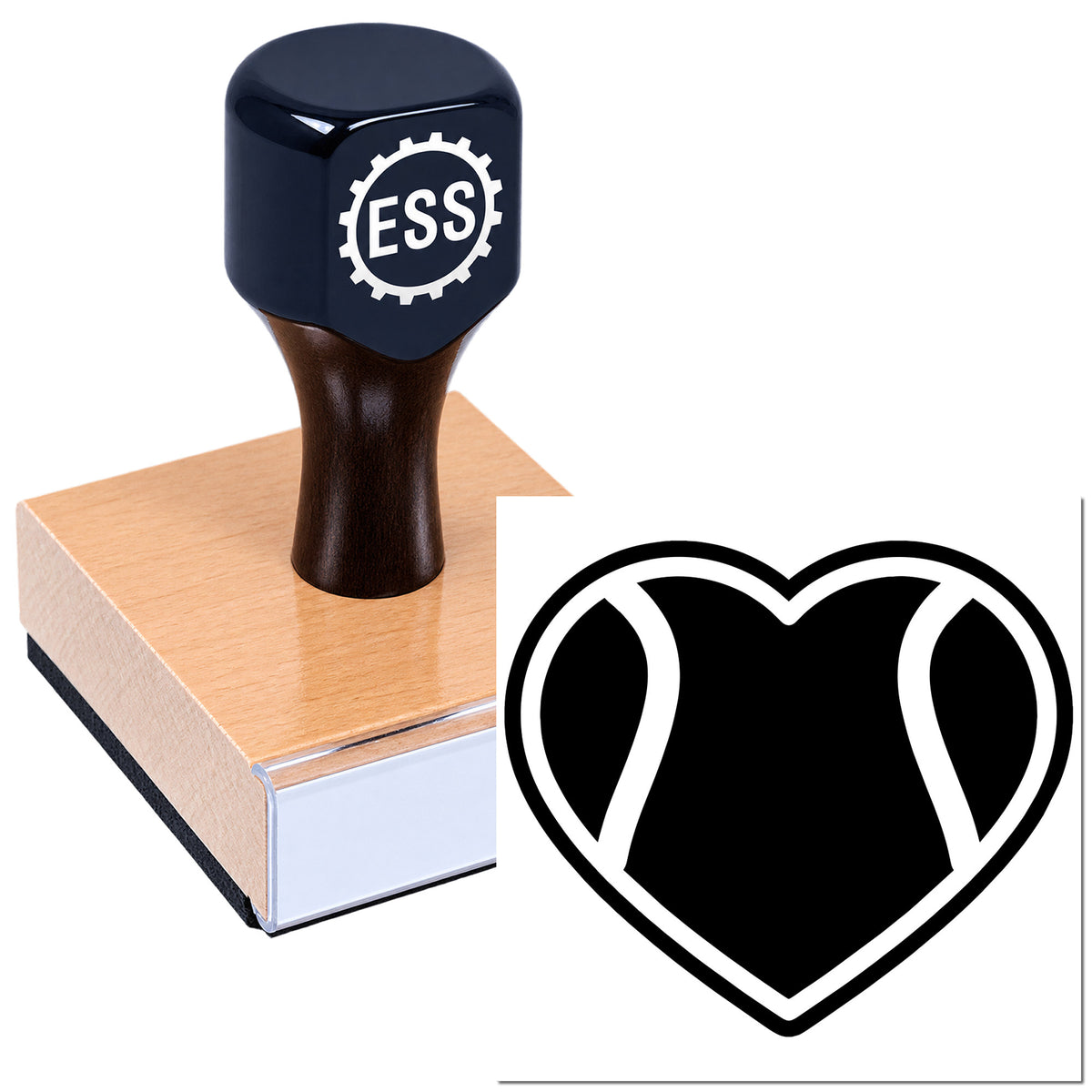 Black ESS rubber stamp on tan pad beside a black heart-shaped seal logo on white background