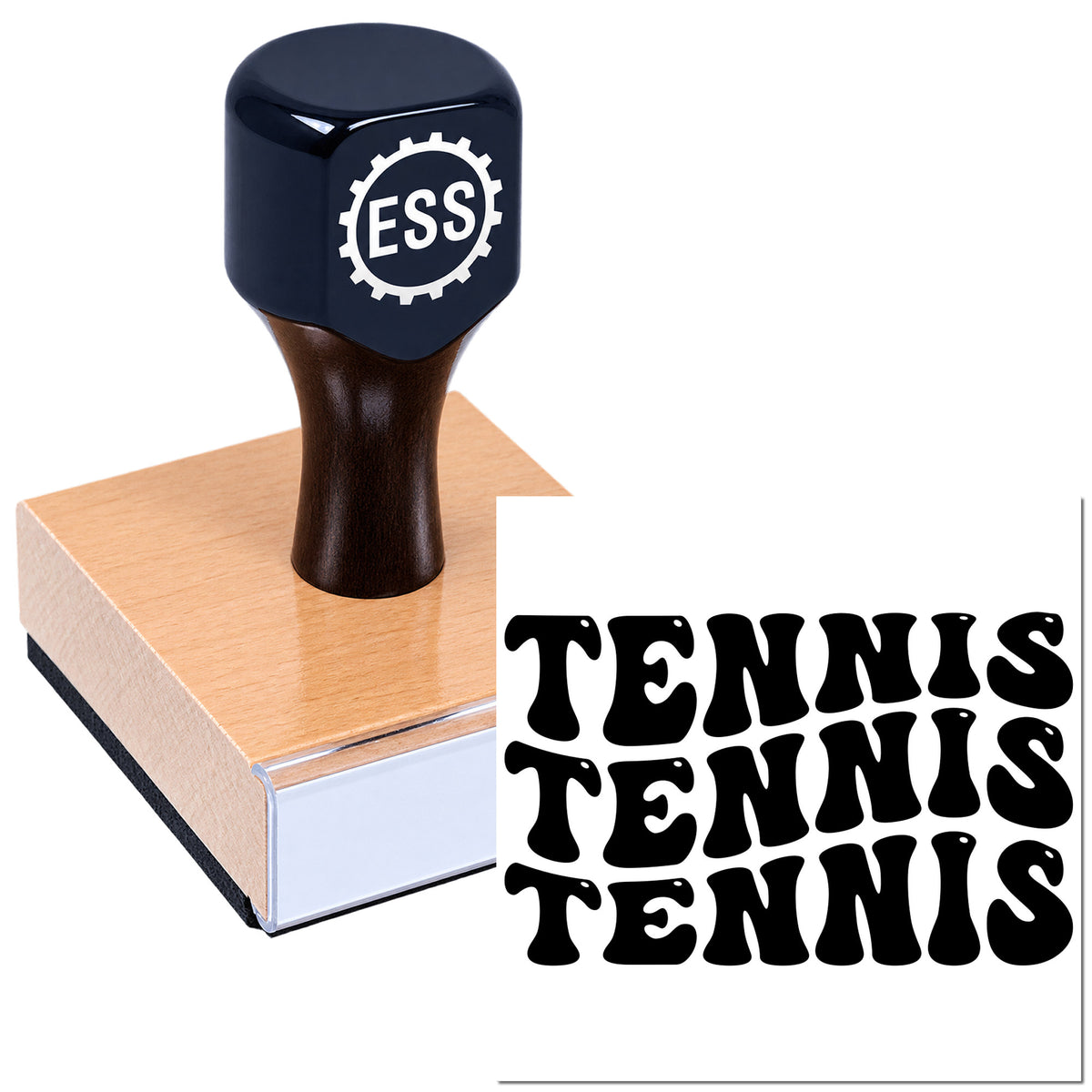 Navy ESS rubber stamp on a peach block beside black TENNIS seal designs on white.