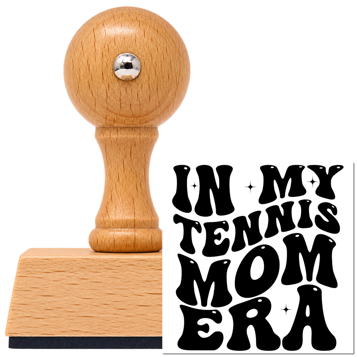 Vintage Pro beech wood stamp with a round knob handle, shown with its black Tennis Mom Era Lettering imprint on white.