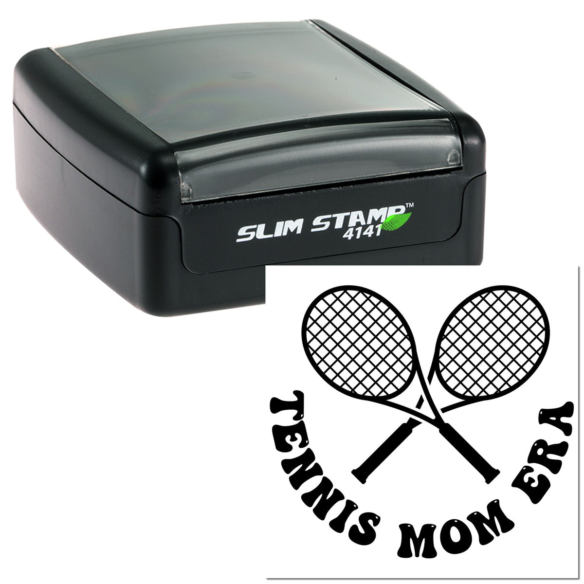 Black Slim Stamp 4141 self-inking stamp and Tennis Mom seal with crossed tennis rackets on white background