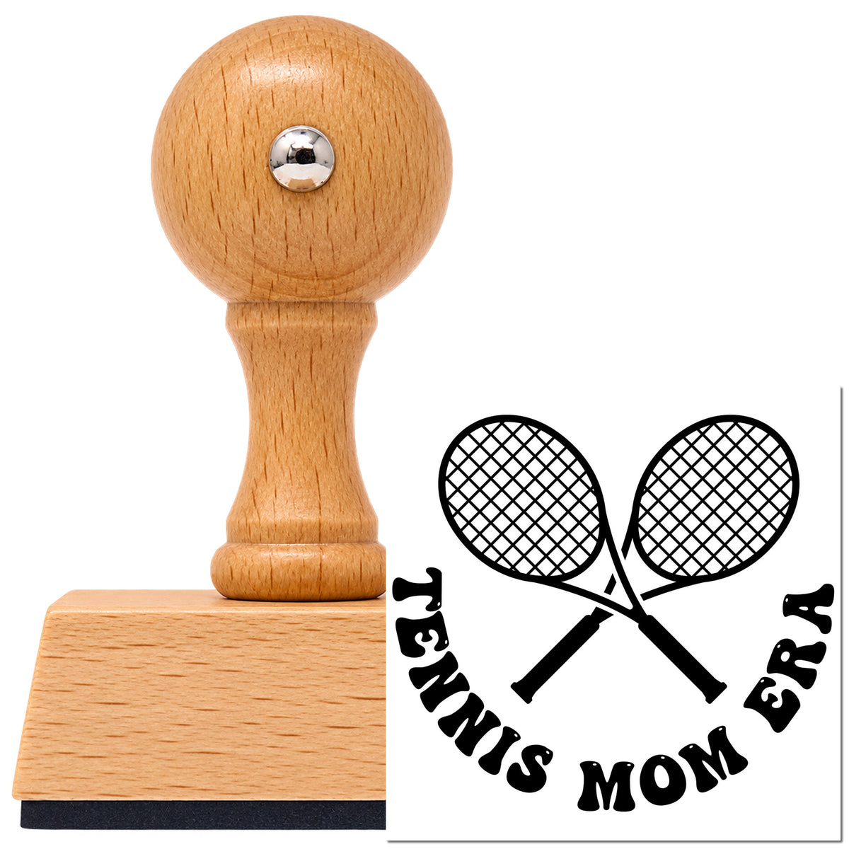 Vintage Pro beech wood stamp with a round knob handle, shown with its black Tennis Mom Era Rackets Lettering imprint on white.