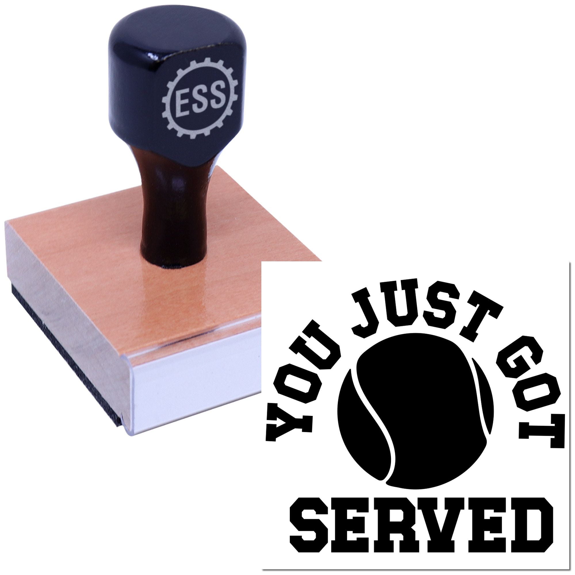 Blue and black rubber stamp on wooden base beside Touch Just Go Served seal design