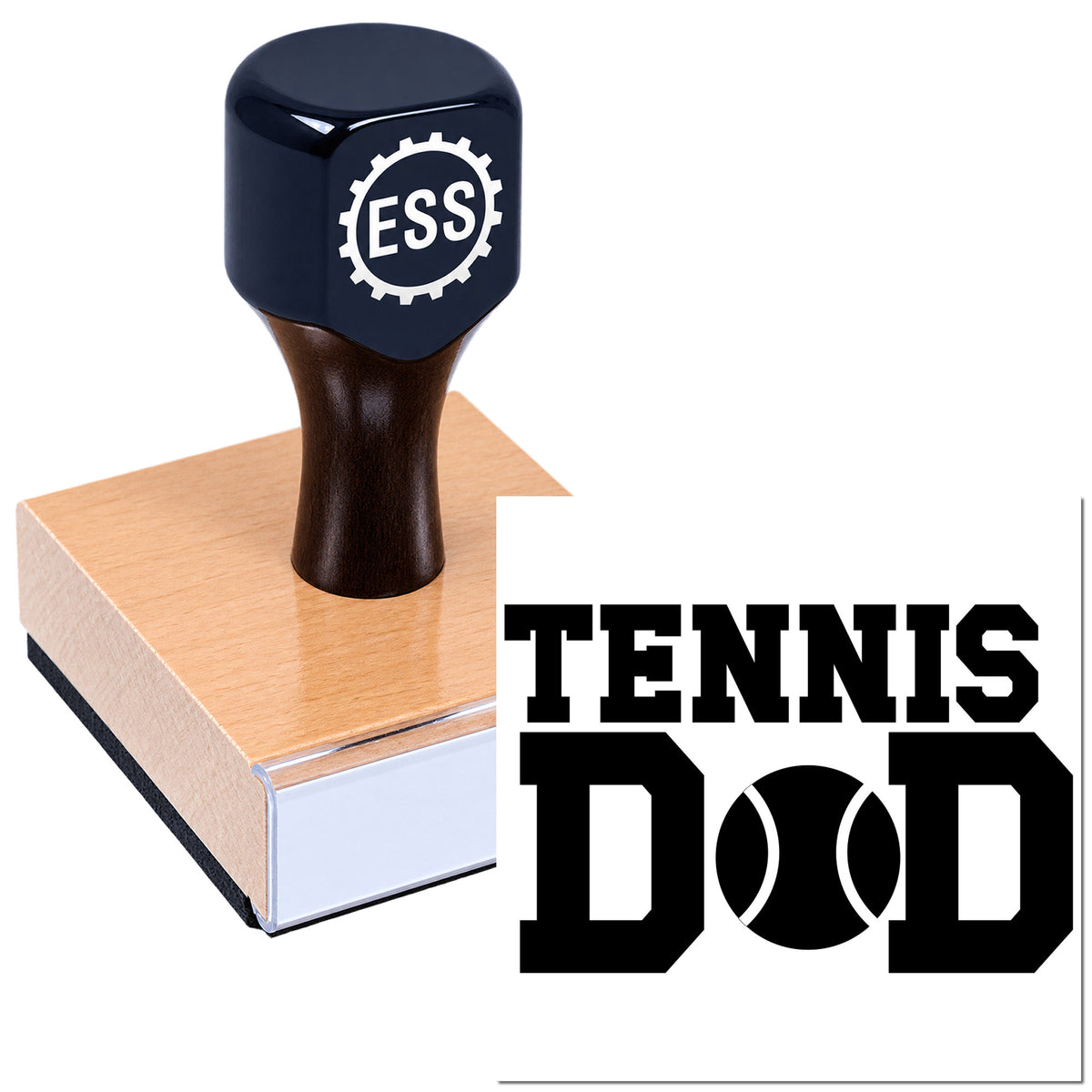 Navy rubber stamp with ESS logo on a wooden seal block, plus bold black TENNIS DAD text on white background.