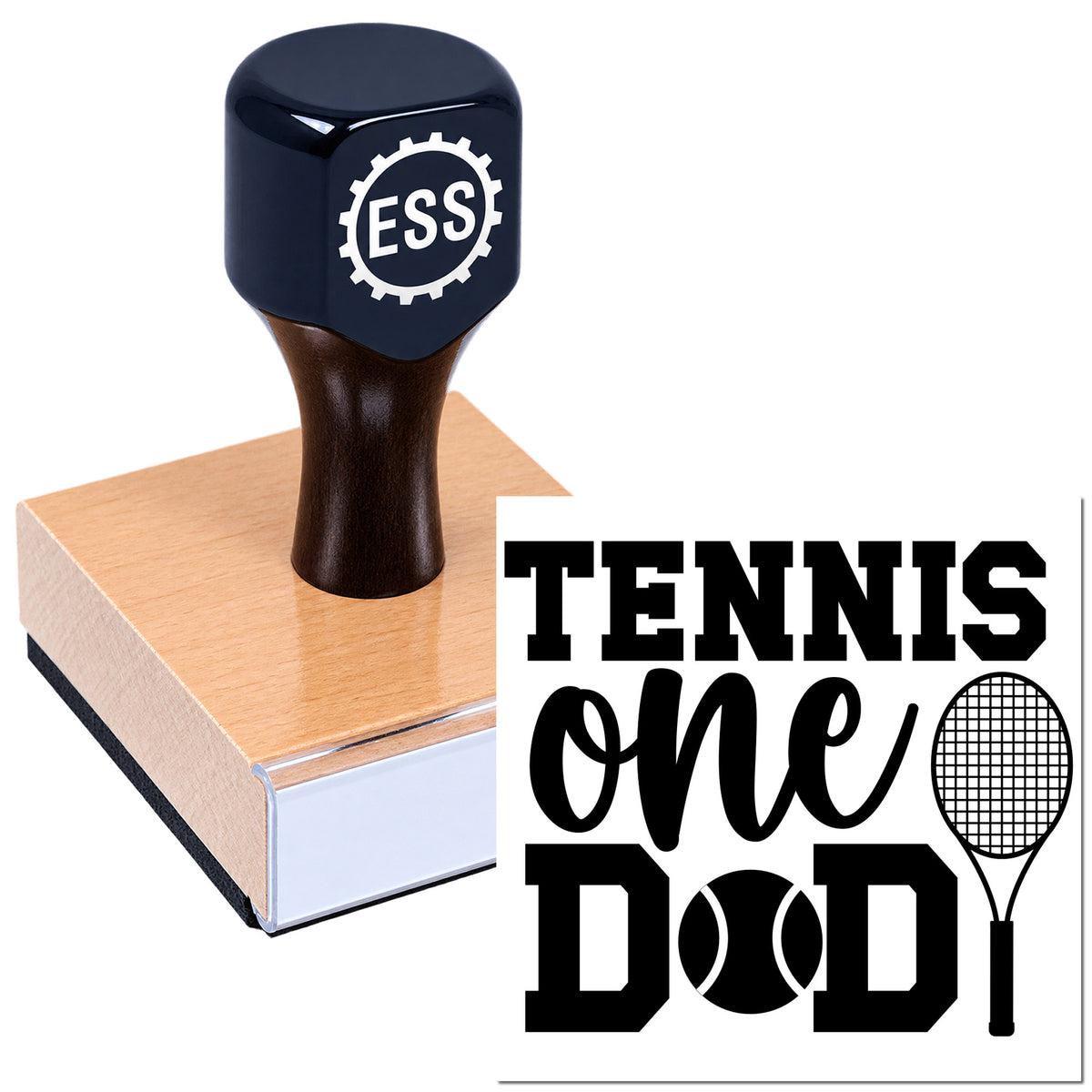 Black custom stamp and seal on wooden block, with ESSI logo, printing "Tennis One Dad" and tennis racket and ball.