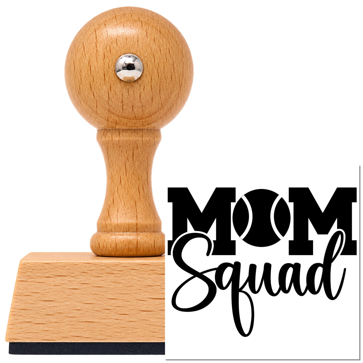 Vintage Pro beech wood stamp with a round knob handle, shown with its black Tennis Mom Squad Lettering imprint on white.
