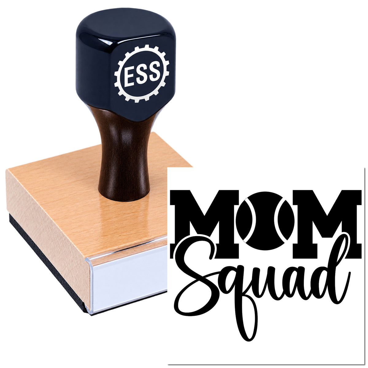 Black ESS stamp and seal on pink wooden block with Mom Squad text in black and white.