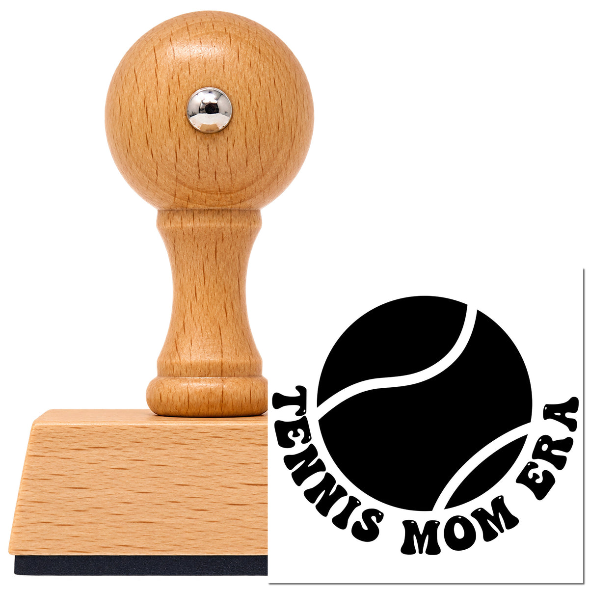 Vintage Pro beech wood stamp with a round knob handle, shown with its black Tennis Mom Era Ball Lettering imprint on white.