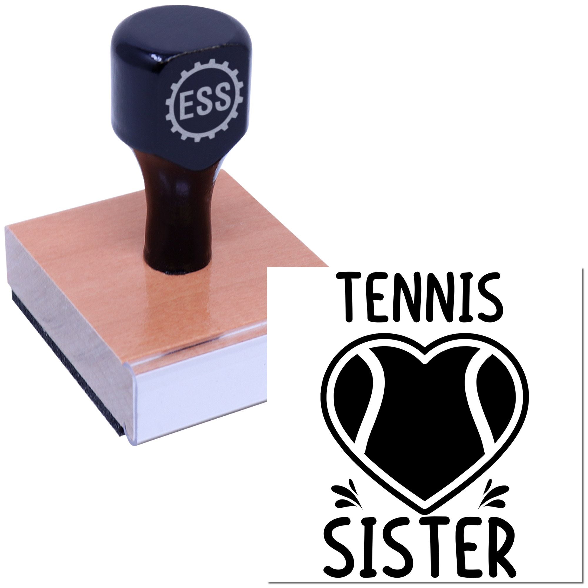 Black ESS stamp seal on a copper-toned block, with bold black Tennis Sister heart logo on white background.