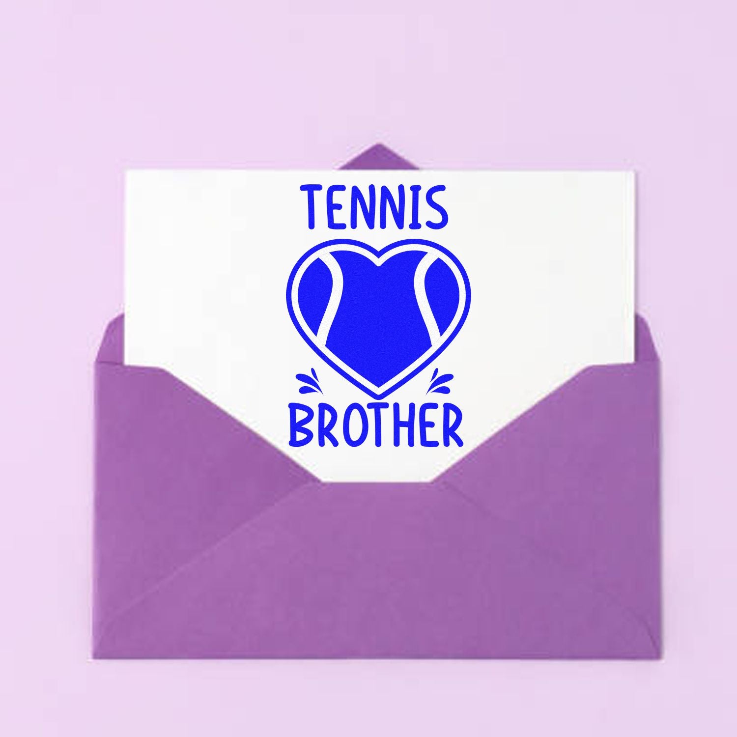 Purple envelope displaying a white tennis brother stamp card with a blue heart seal design.