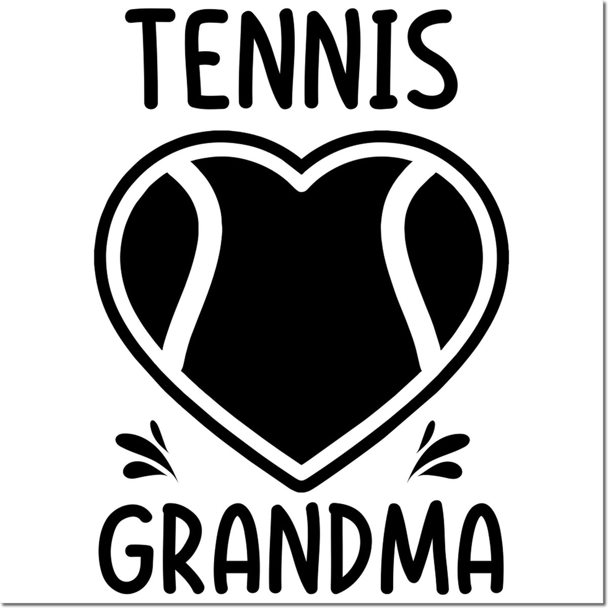 Black Tennis Grandma stamp and seal design with heart-shaped tennis ball emblem on white background.