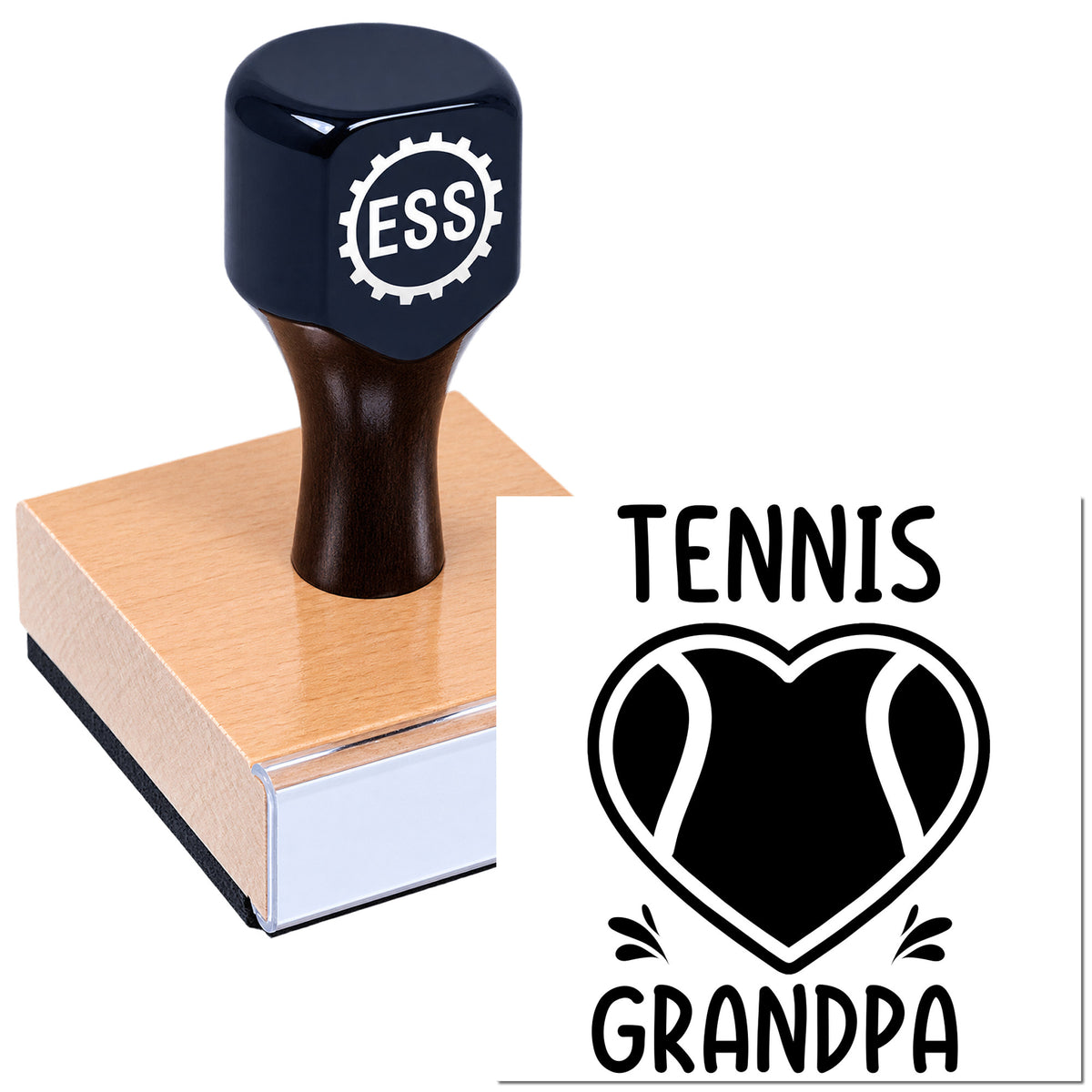 Dark blue rubber stamp and seal on a wooden block, showing a Tennis Grandpa logo with a black heart-shaped tennis graphic.