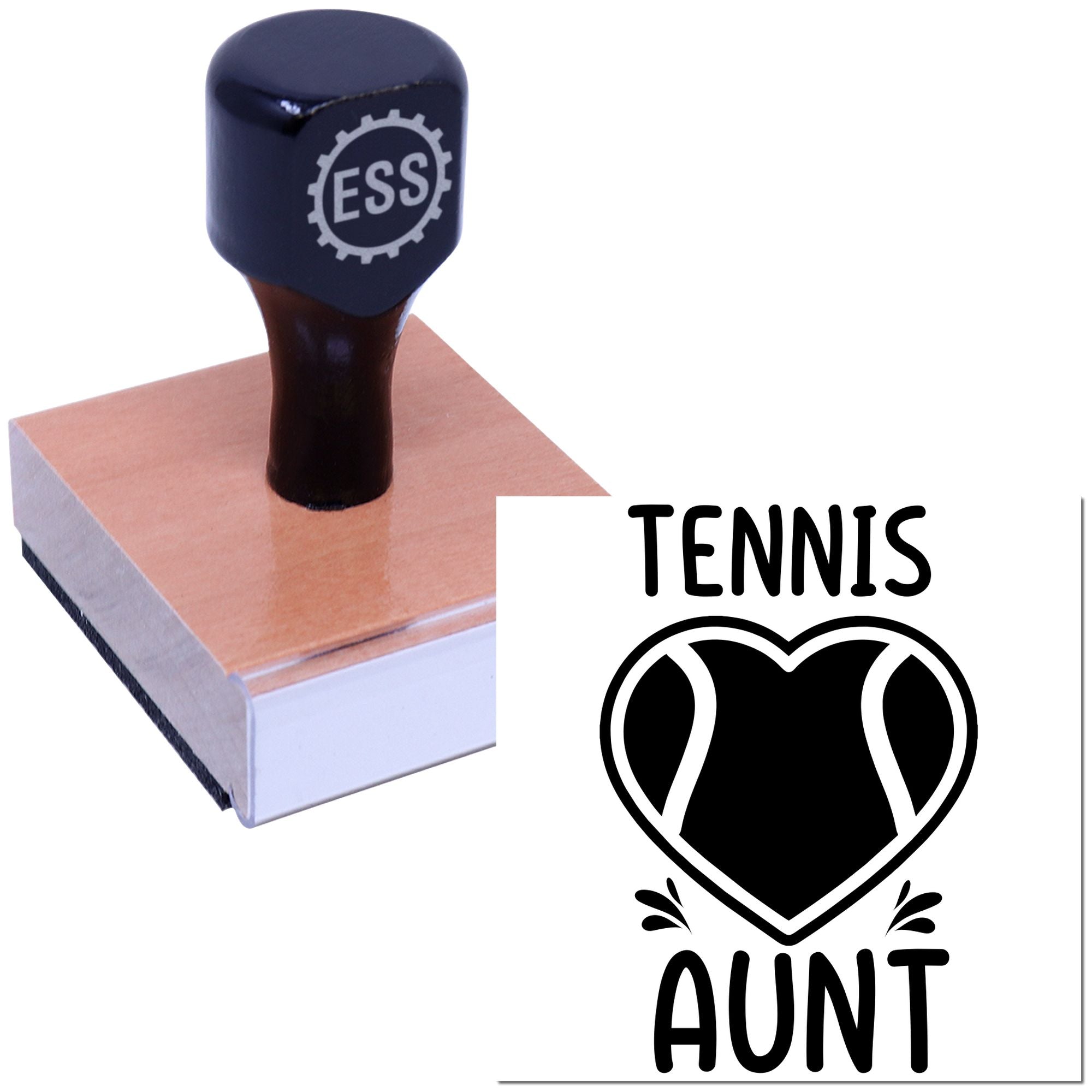 Black custom stamp on a pink seal block, featuring a tennis aunt design with white text and heart graphic.