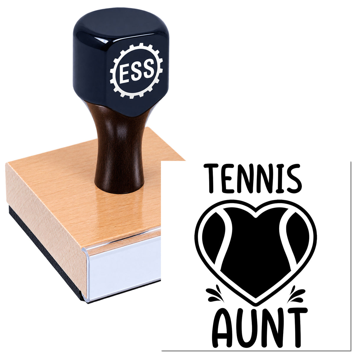 Black custom stamp on a pink seal block, featuring a tennis aunt design with white text and heart graphic.