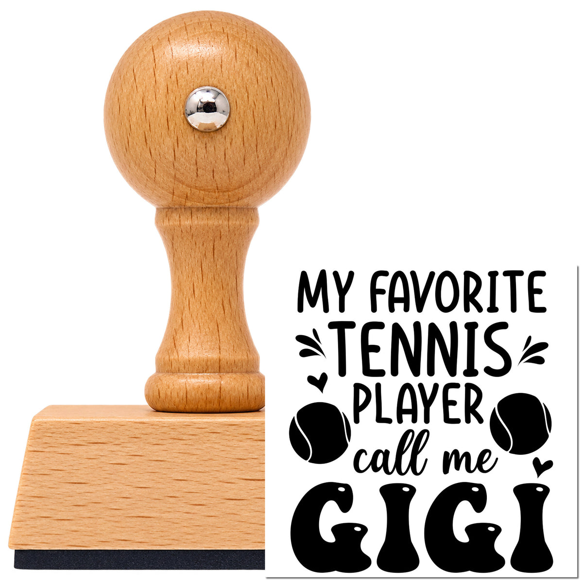 Vintage Pro beech wood stamp with a round knob handle, shown with its black Favorite Tennis Player Gigi With Hearts imprint on white.