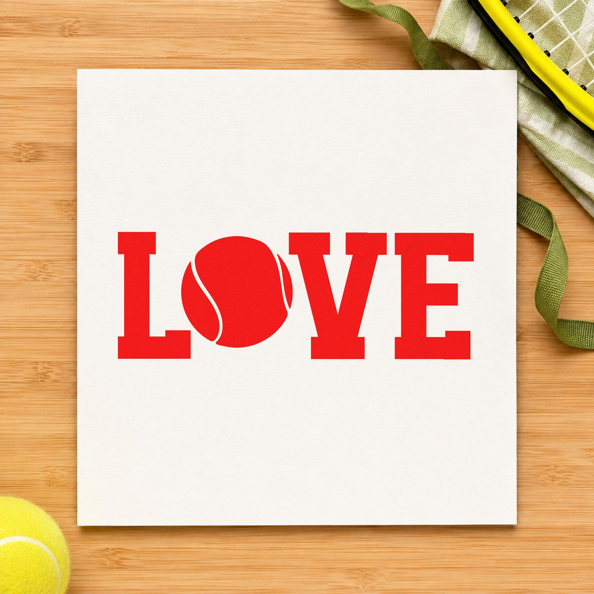 Love Tennis Ball Letter rubber stamp shown in red ink, stamped for projects such as crate decor labels.