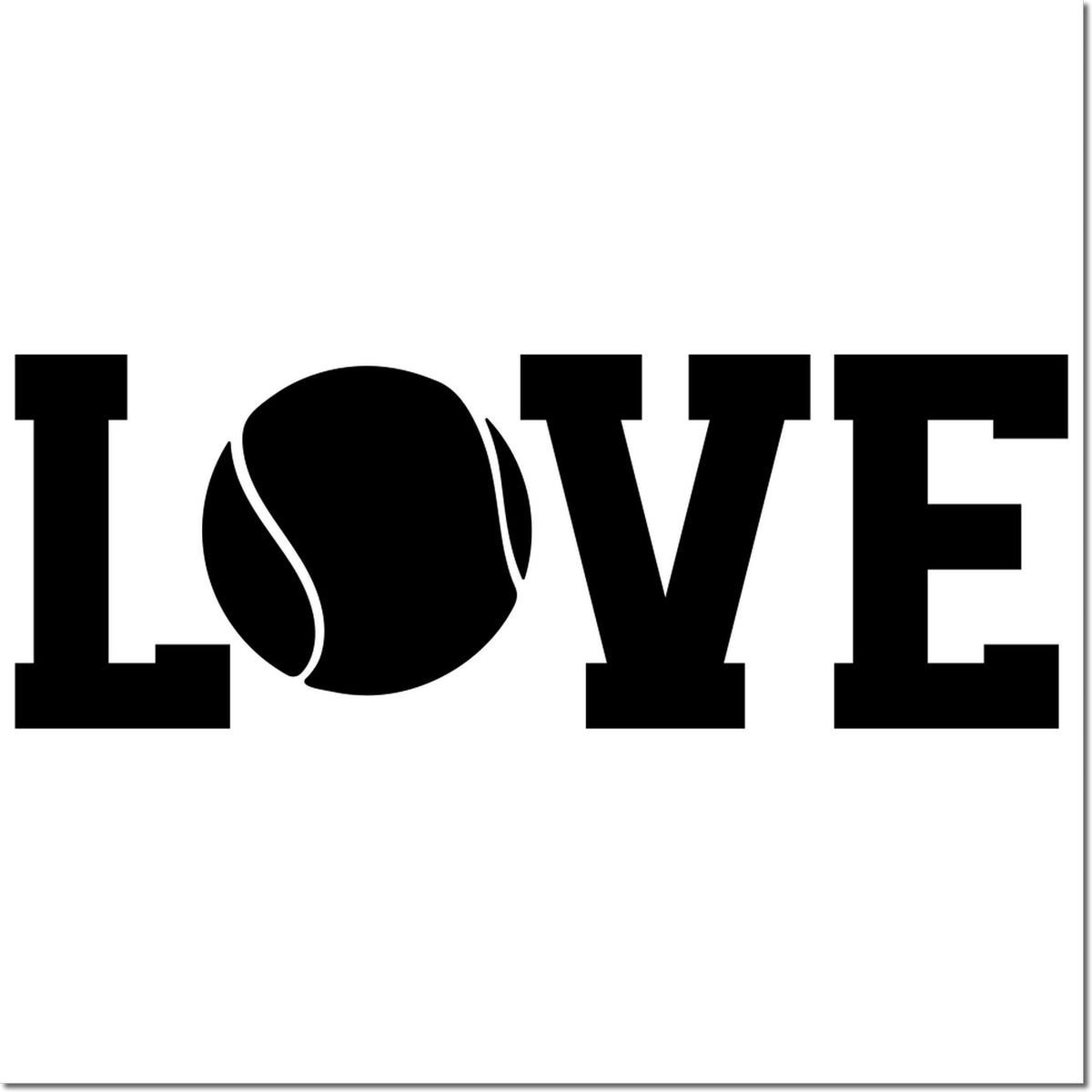 Bold black LOVE wordmark with a tennis ball O on white, stamp and seal design.