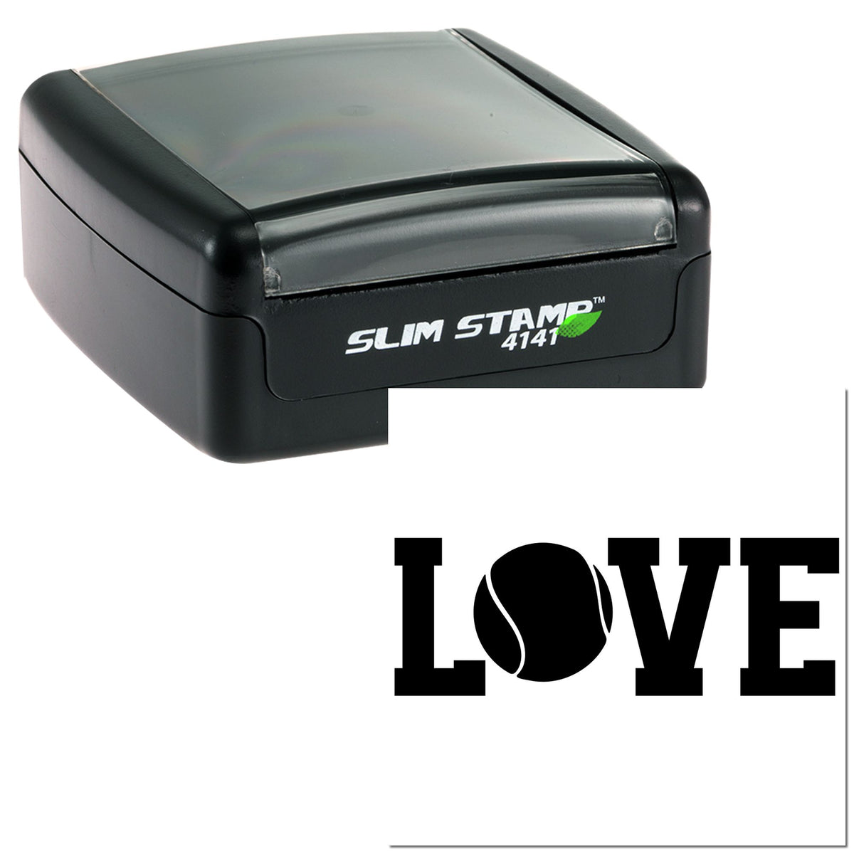 Black Slim Stamp 4141 self-inking stamp with clear gray cover and white LOVE design, tennis ball as O.