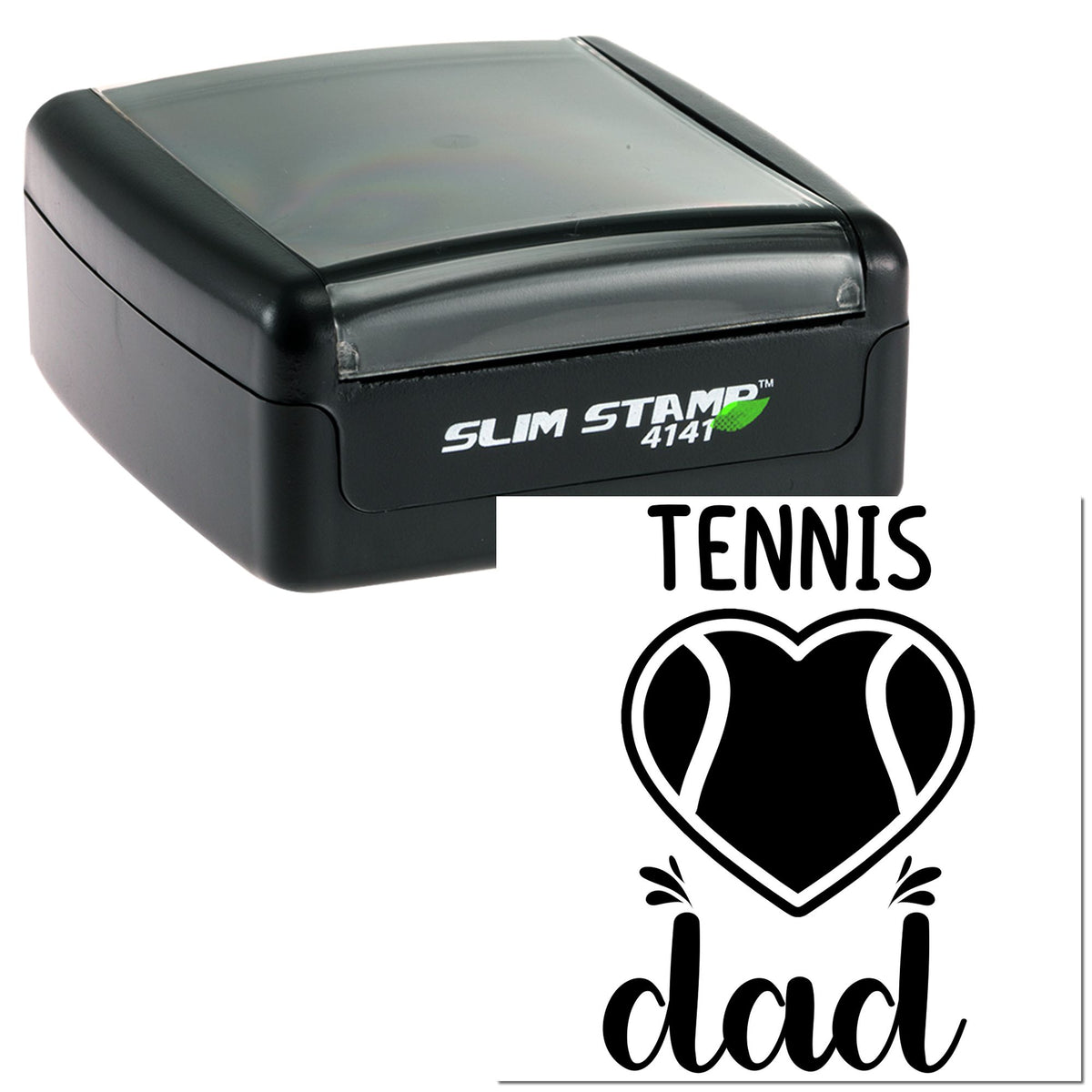 Black Slim Stamp 4141 with clear gray cover and tennis dad heart seal design