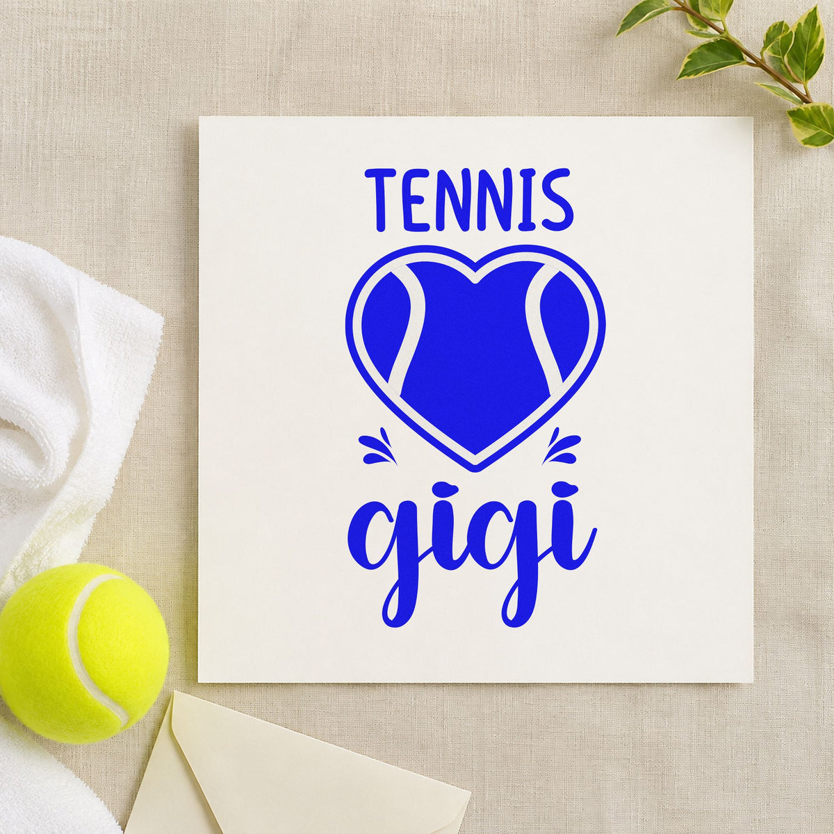 Tennis Gigi Heart Ball craft stamp in blue ink on cardstock, an easy option for long cloth printing.
