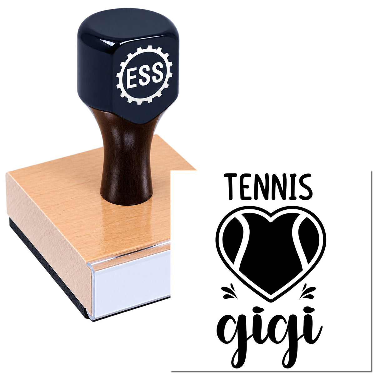 Navy ESSI stamp on pink wood block beside tennis seal graphic with black heart logo and Gigi text