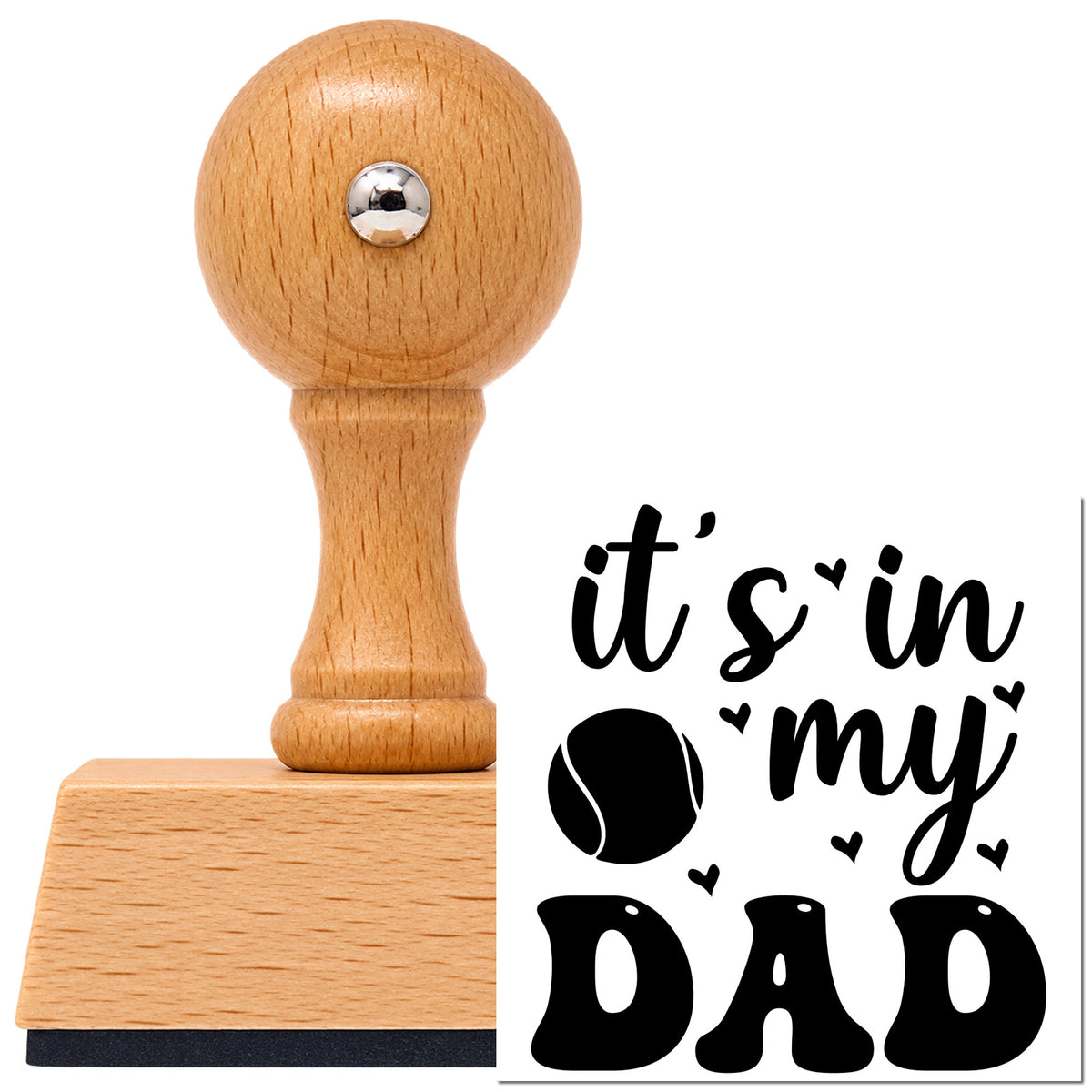 Vintage Pro beech wood stamp with a round knob handle, shown with its black Tennis Ball And Hearts With Dad Lettering imprint on white.