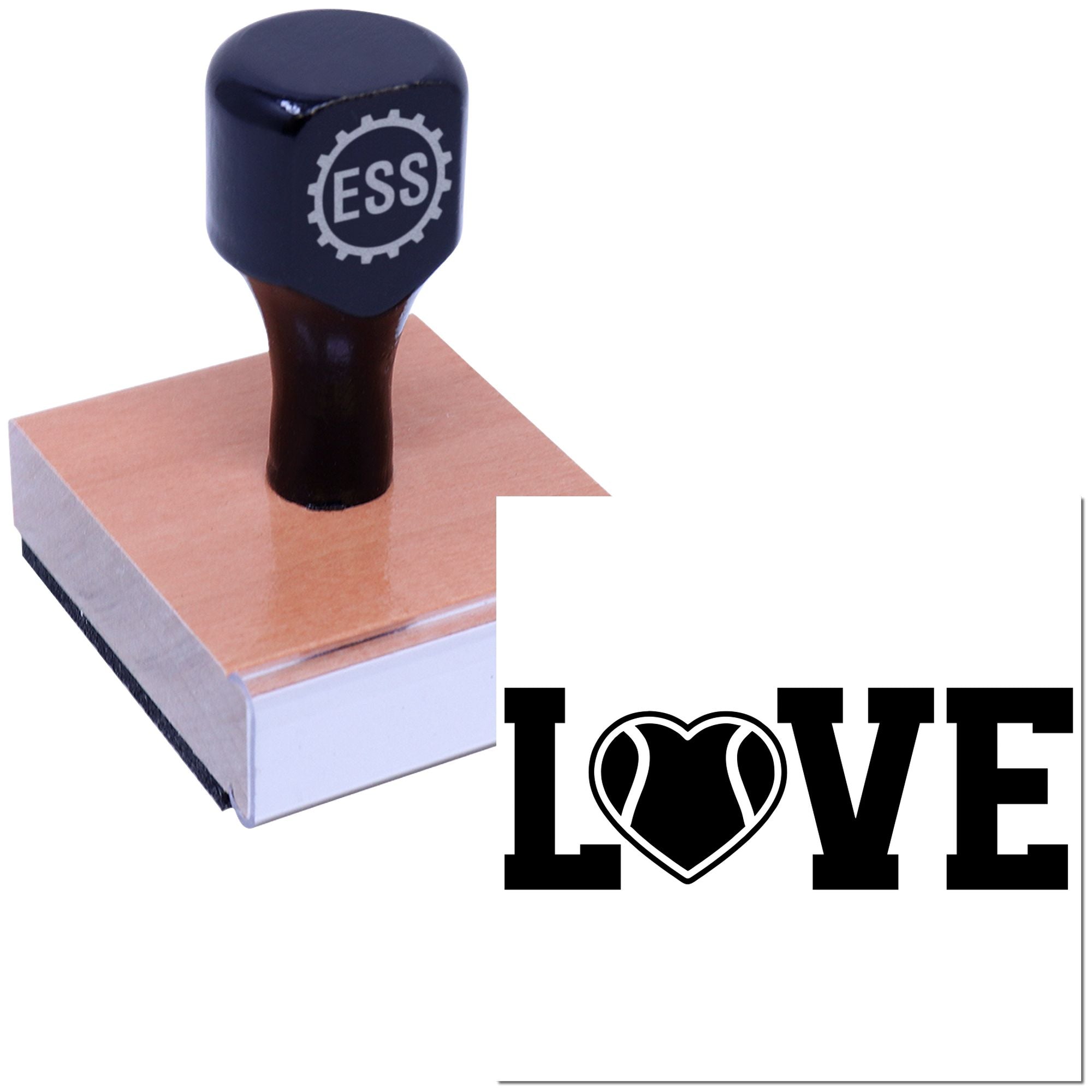 Dark blue ESS rubber stamp on pink wood block beside black LOVE heart seal design.