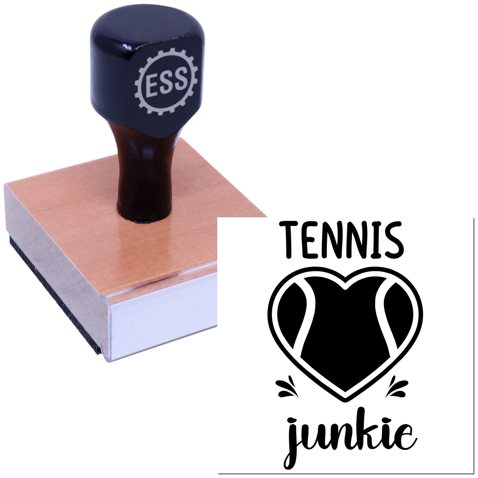 Dark blue ESS stamp on tan block beside black Tennis Junkie seal with heart-shaped tennis ball logo