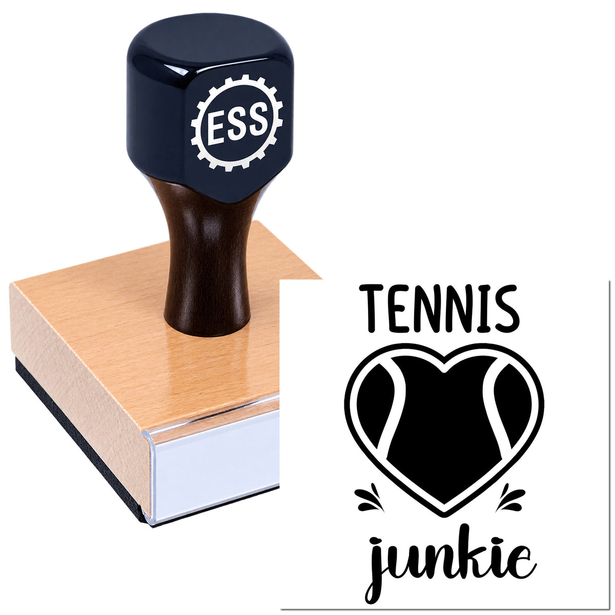 Dark blue ESS stamp on tan block beside black Tennis Junkie seal with heart-shaped tennis ball logo
