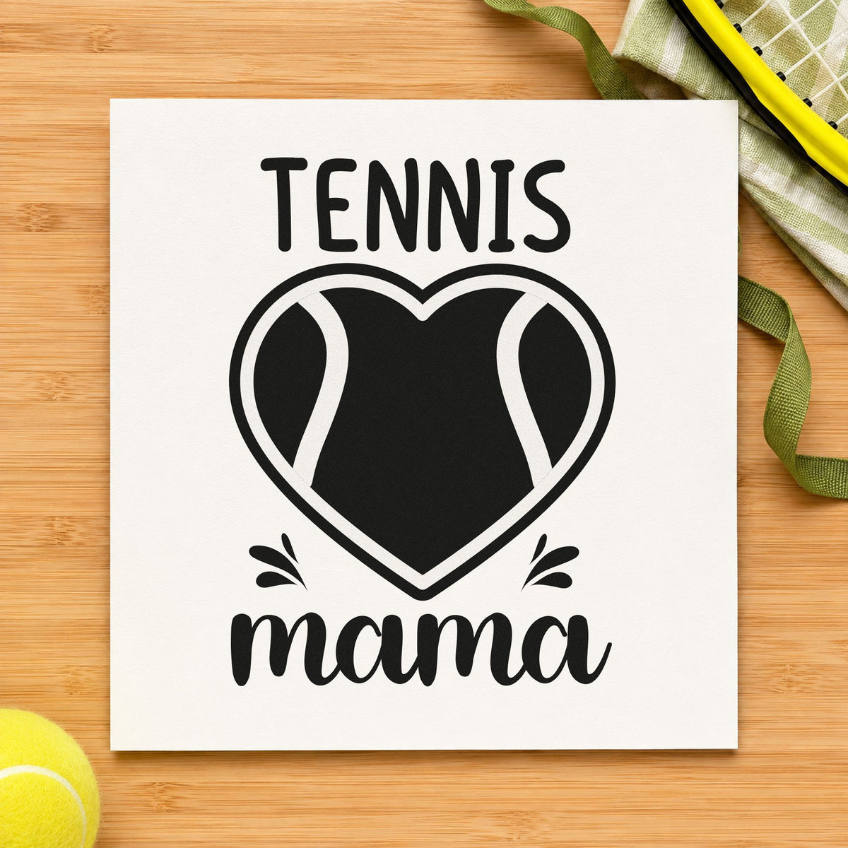 Tennis Mama Heart Ball craft stamp imprint in black ink on a handmade project, one idea being clean bag gift tags.