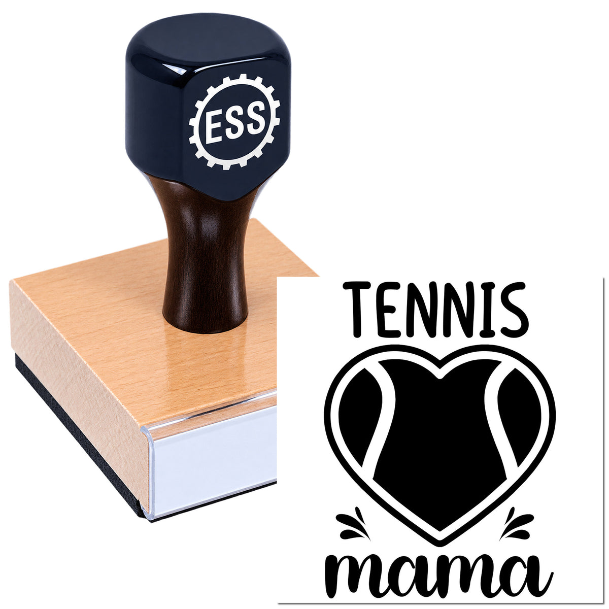 Black ESSI rubber stamp on pink seal block with Tennis Mama heart logo, black-and-white branding.