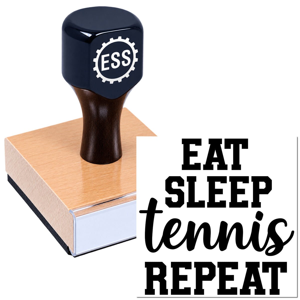Black ESS rubber stamp and seal on a pink base, with bold black "Eat Sleep Tennis Repeat" text.