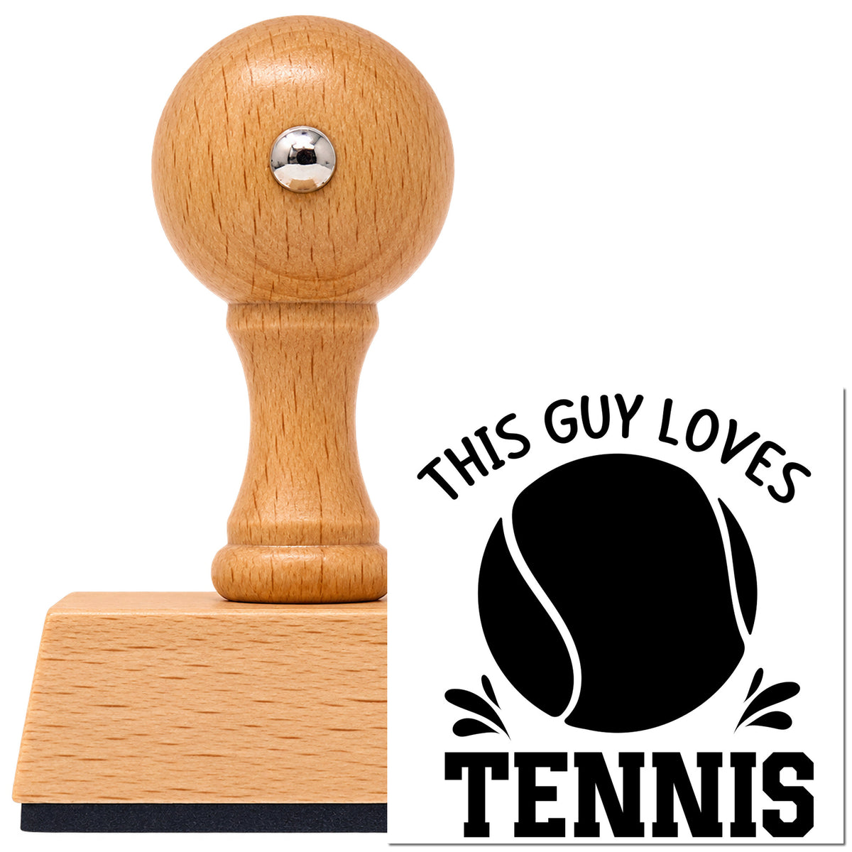 Vintage Pro beech wood stamp with a round knob handle, shown with its black This Guy Loves Tennis Ball Lettering imprint on white.