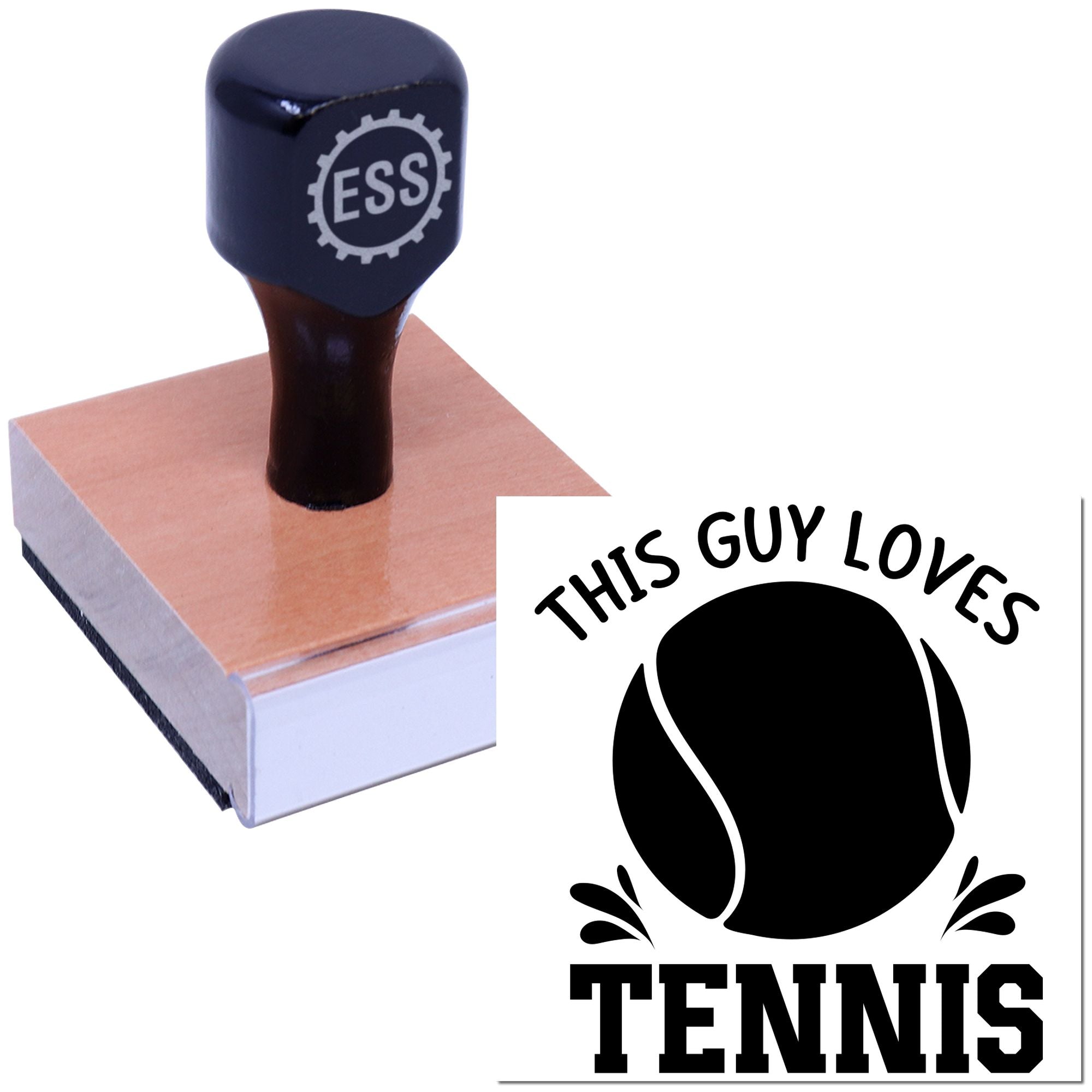 Black ESS stamp seal on wooden block, with white tennis logo and This Guy Loves Tennis text