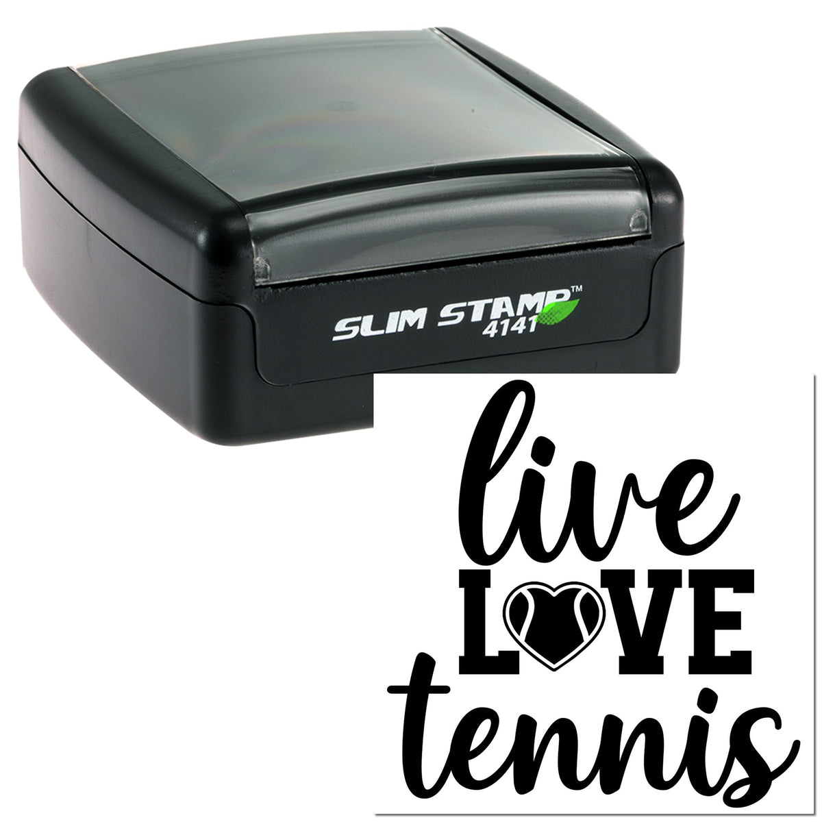 Black Slim Stamp 4141 self-inking stamp with clear cover beside a black-and-white live LOVE tennis seal.