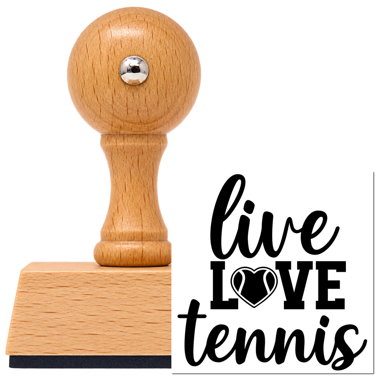 Vintage Pro beech wood stamp with a round knob handle, shown with its black Live Love Tennis Heart imprint on white.