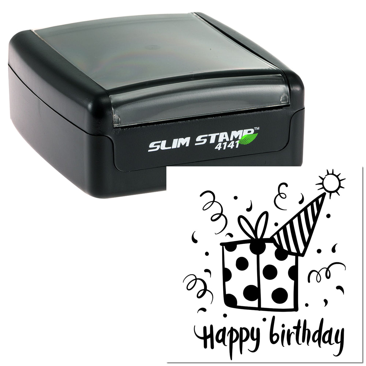 Black Slim Stamp 4141 self-inking stamp showing a birthday gift seal and Happy birthday impression