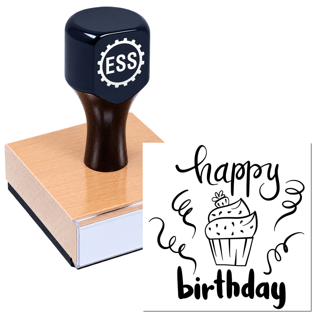 Dark blue ESS stamp on a wooden block beside a black "happy birthday" seal design with cupcake and confetti accents.