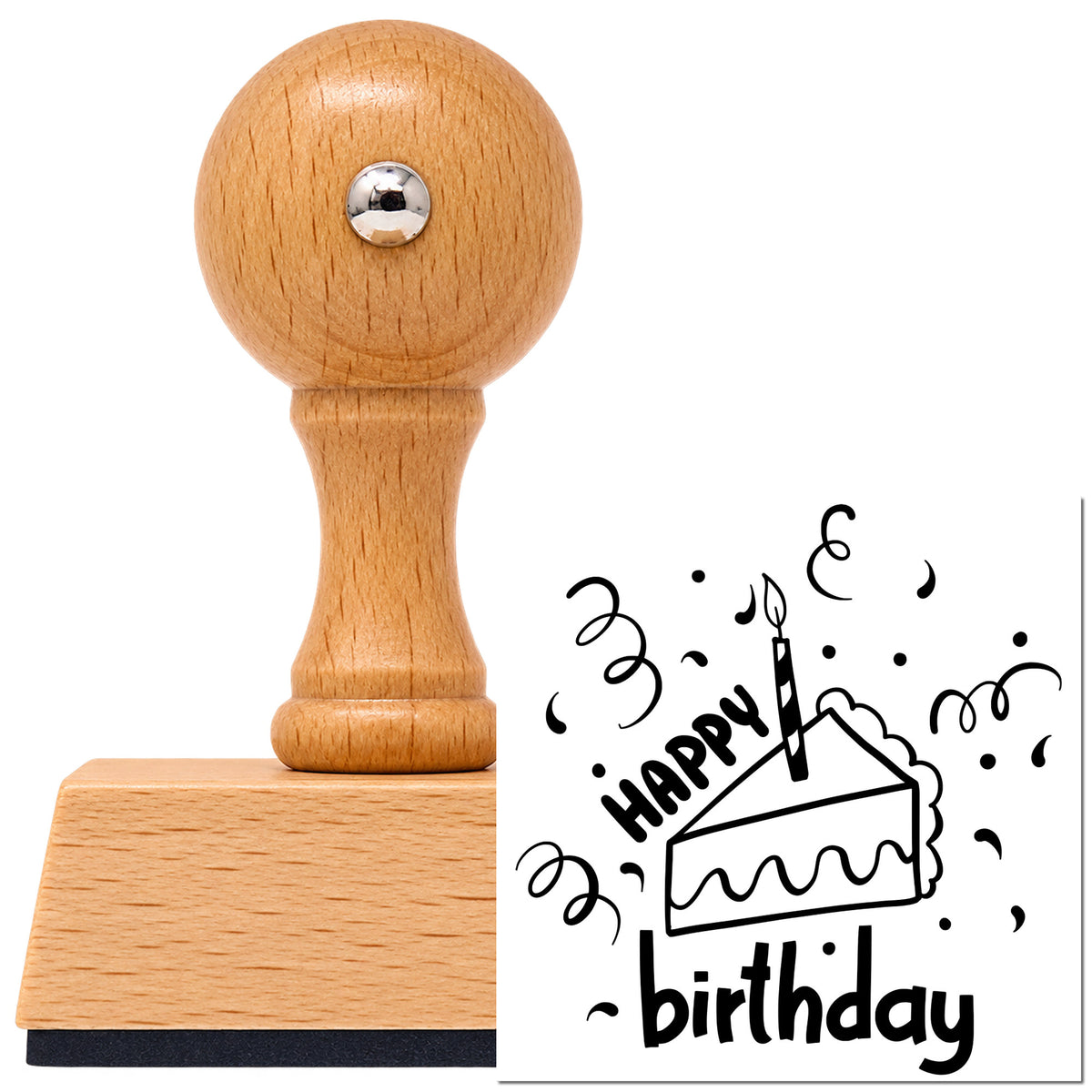 Vintage Pro beech wood stamp with a round knob handle, shown with its black Birthday Cake Slice Candle imprint on white.