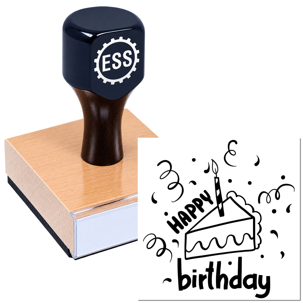 Dark navy ESS rubber stamp and seal on wood block, with Happy Birthday cake imprint.