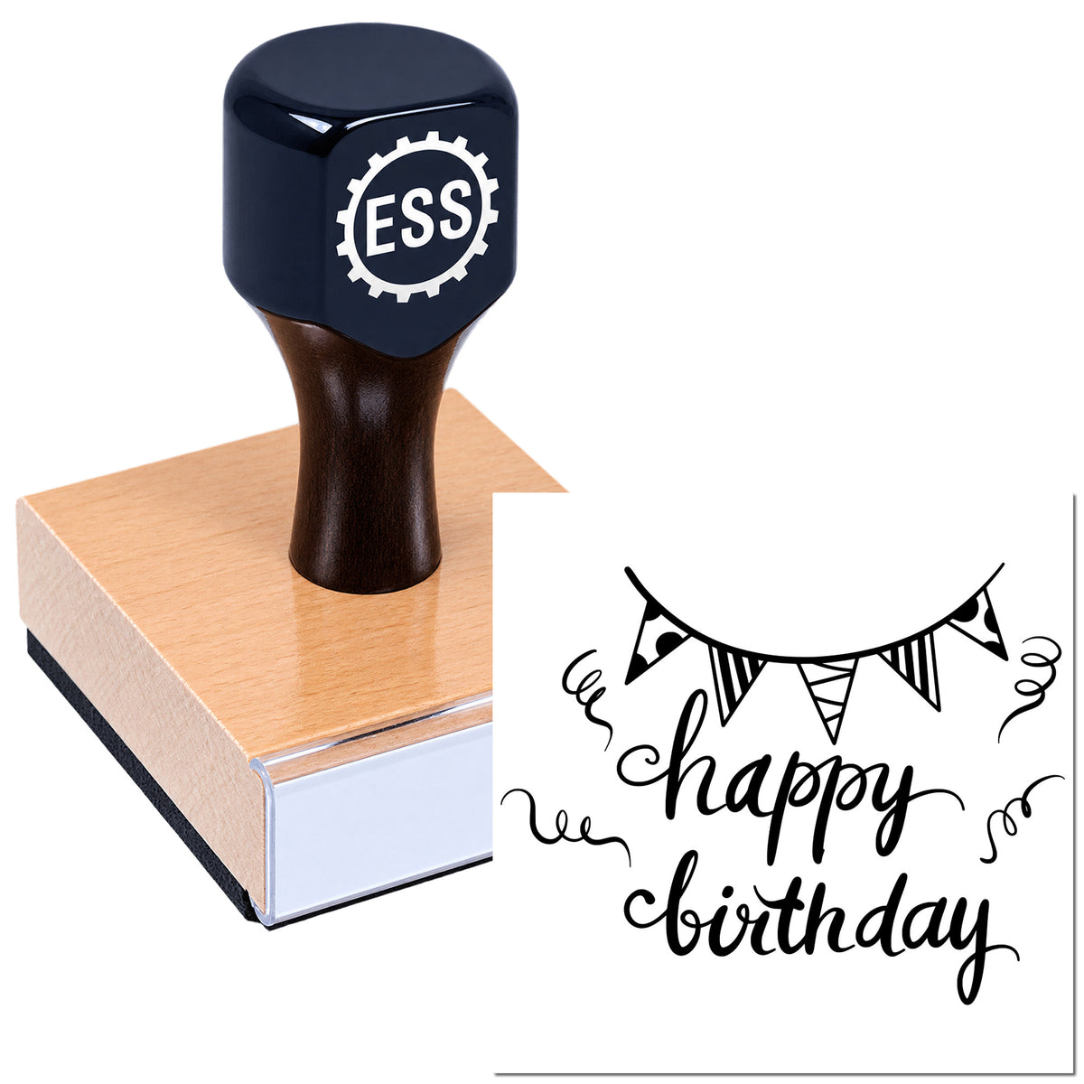 Navy blue ESS stamp on pink wooden block beside a black happy birthday seal design