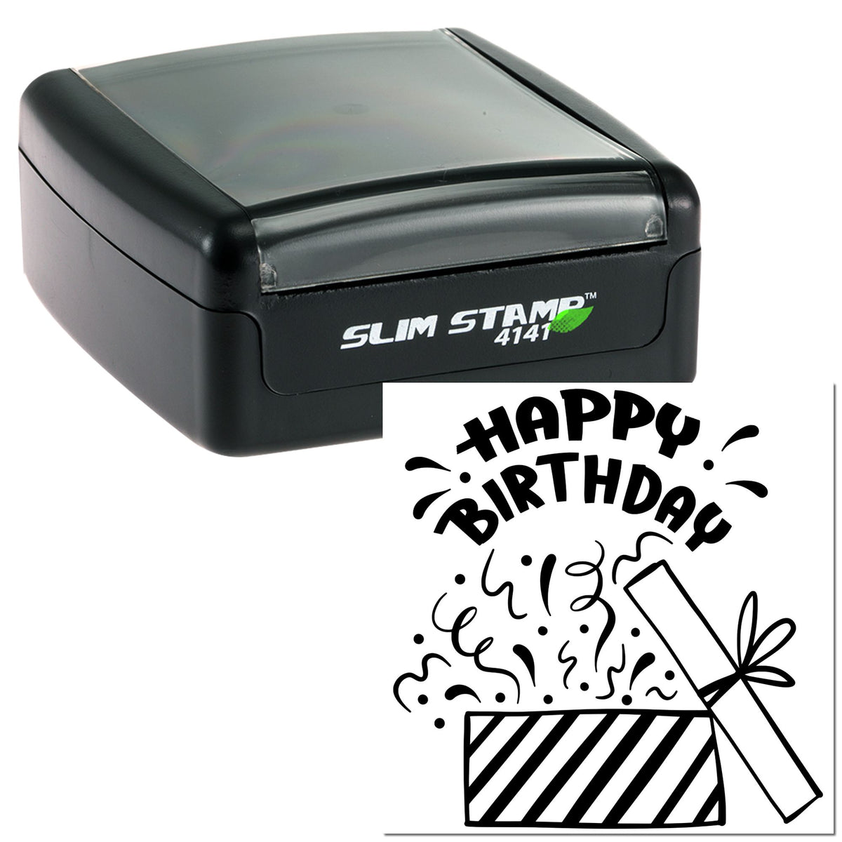 Black Slim Stamp 4141 with translucent gray top and birthday gift seal design on white background