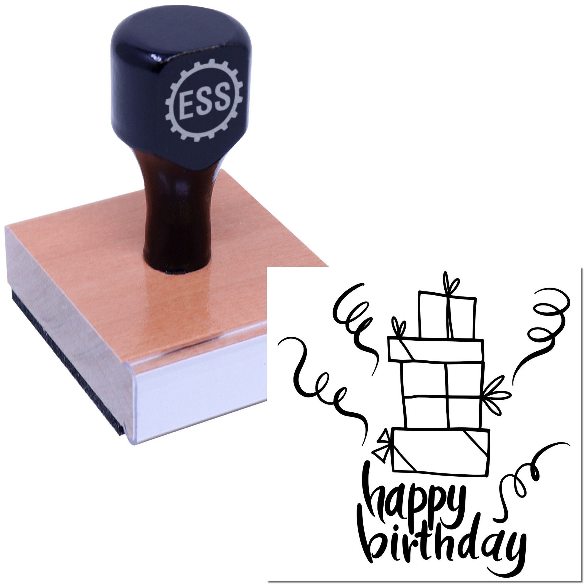 Black ESS rubber stamp and seal on wood block, creating a black happy birthday gift seal impression.