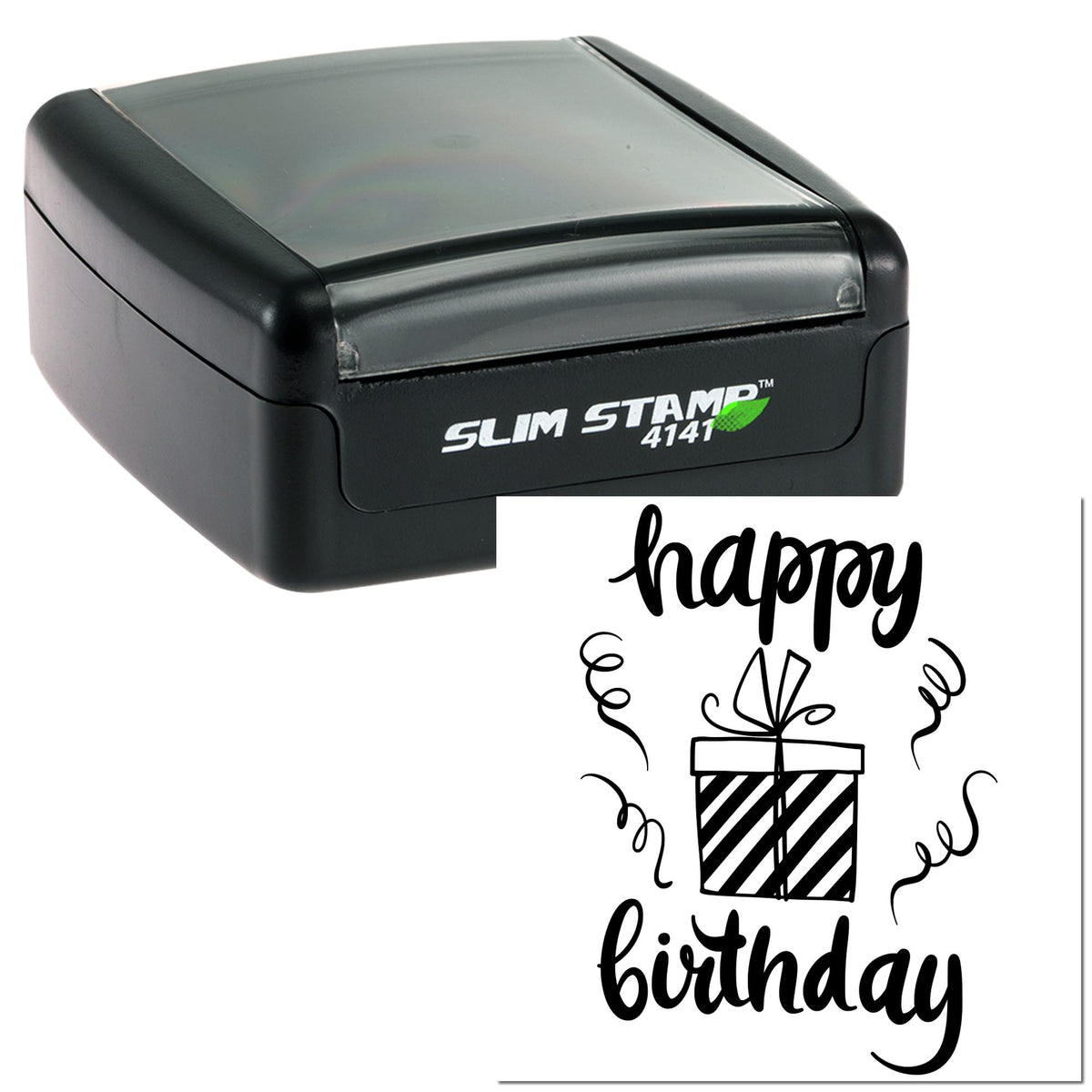Black slim self-inking stamp with birthday seal, featuring happy birthday text and a gift icon on a white background.